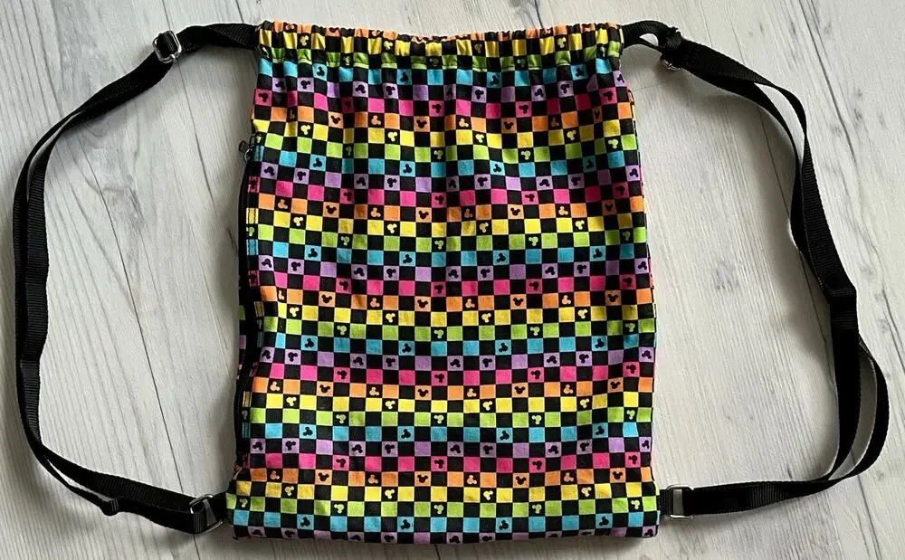 Disney Parks Mickey Black Rainbow Design Draw String Backpack Side Zipper Pocket